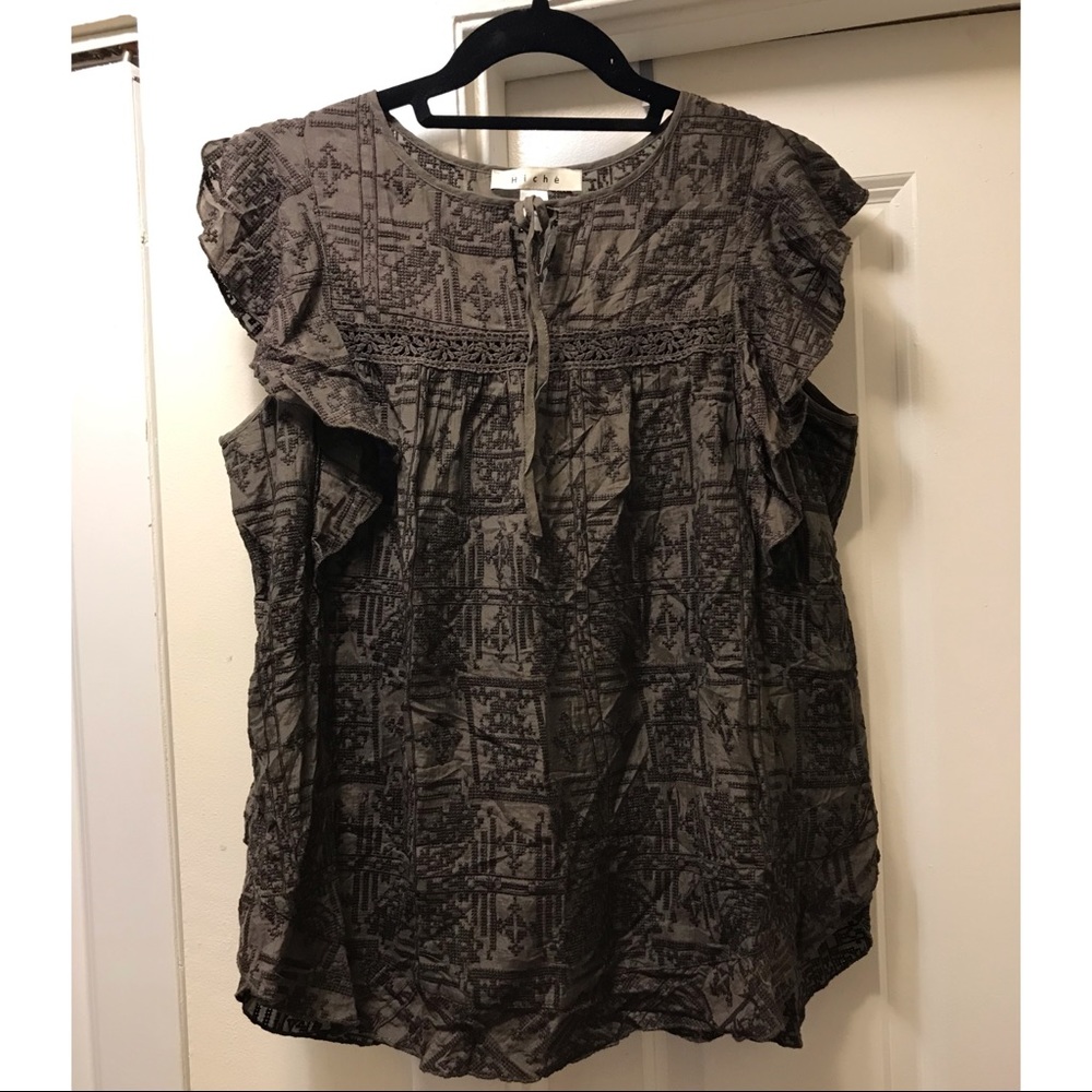 olive green Hiché sleeveless embroidered shirt